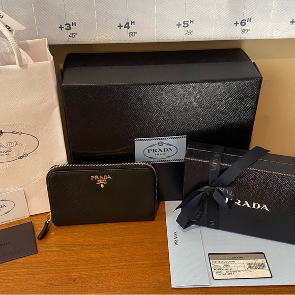 Prada Zip-Around Saffiano Leather Wallet Portafoglio Lampo (Black/Gold) - Picture 1 of 13